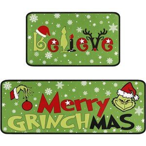 Set of 2 Merry Grinchmas Kitchen‎ Rugs, Non-Slip Waterproof Mats, 17x48 "